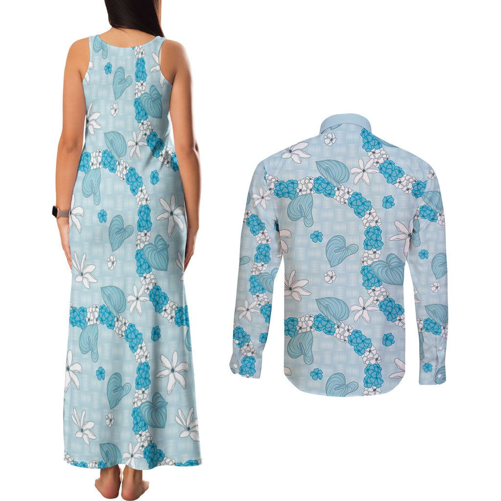 Hawaii Anthurium Tiare Pikake Lei Couples Matching Tank Maxi Dress and Long Sleeve Button Shirt UliUli Lauhala Art Pattern