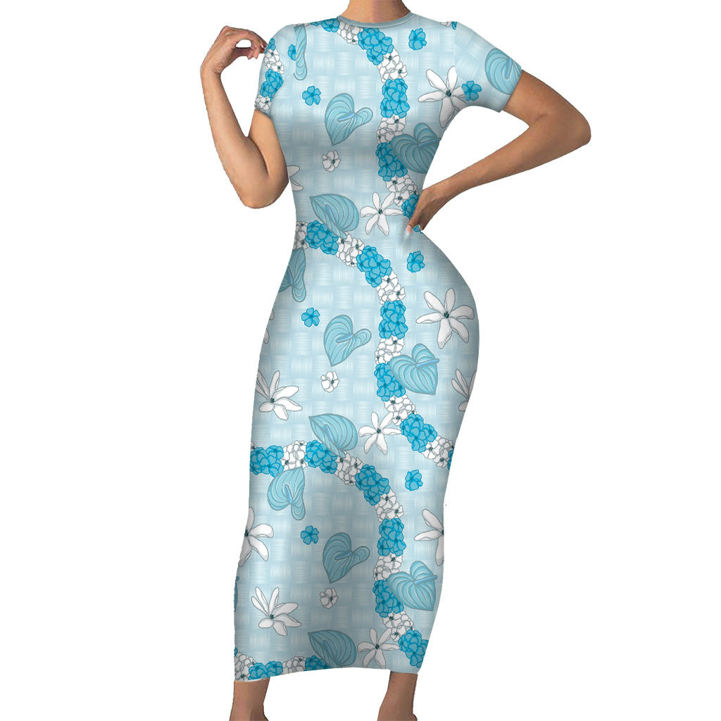 Hawaii Anthurium Tiare Pikake Lei Family Matching Short Sleeve Bodycon Dress and Hawaiian Shirt UliUli Lauhala Art Pattern LT01 Mom's Dress Blue - Polynesian Pride