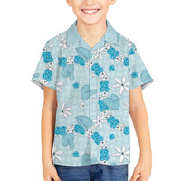 Hawaii Anthurium Tiare Pikake Lei Family Matching Short Sleeve Bodycon Dress and Hawaiian Shirt UliUli Lauhala Art Pattern LT01 Son's Shirt Blue - Polynesian Pride