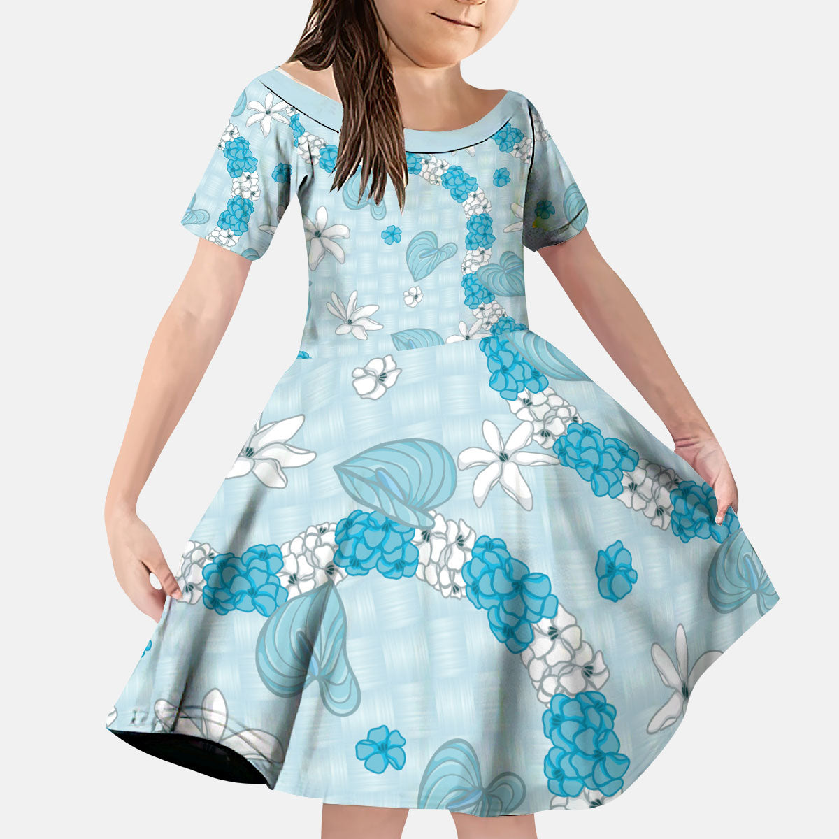 Hawaii Anthurium Tiare Pikake Lei Kid Short Sleeve Dress UliUli Lauhala Art Pattern