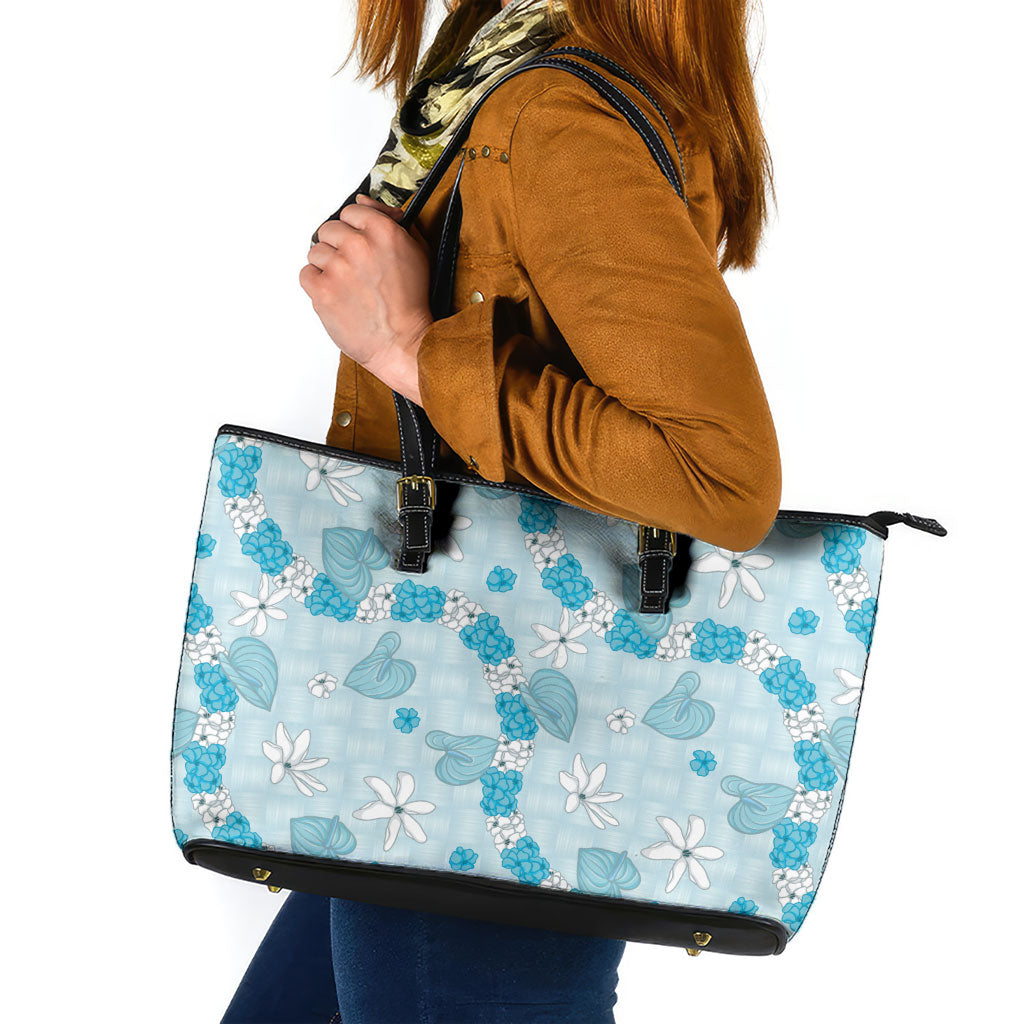 Hawaii Anthurium Tiare Pikake Lei Leather Tote Bag UliUli Lauhala Art Pattern