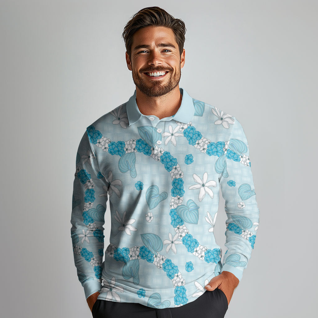 Hawaii Anthurium Tiare Pikake Lei Long Sleeve Polo Shirt UliUli Lauhala Art Pattern