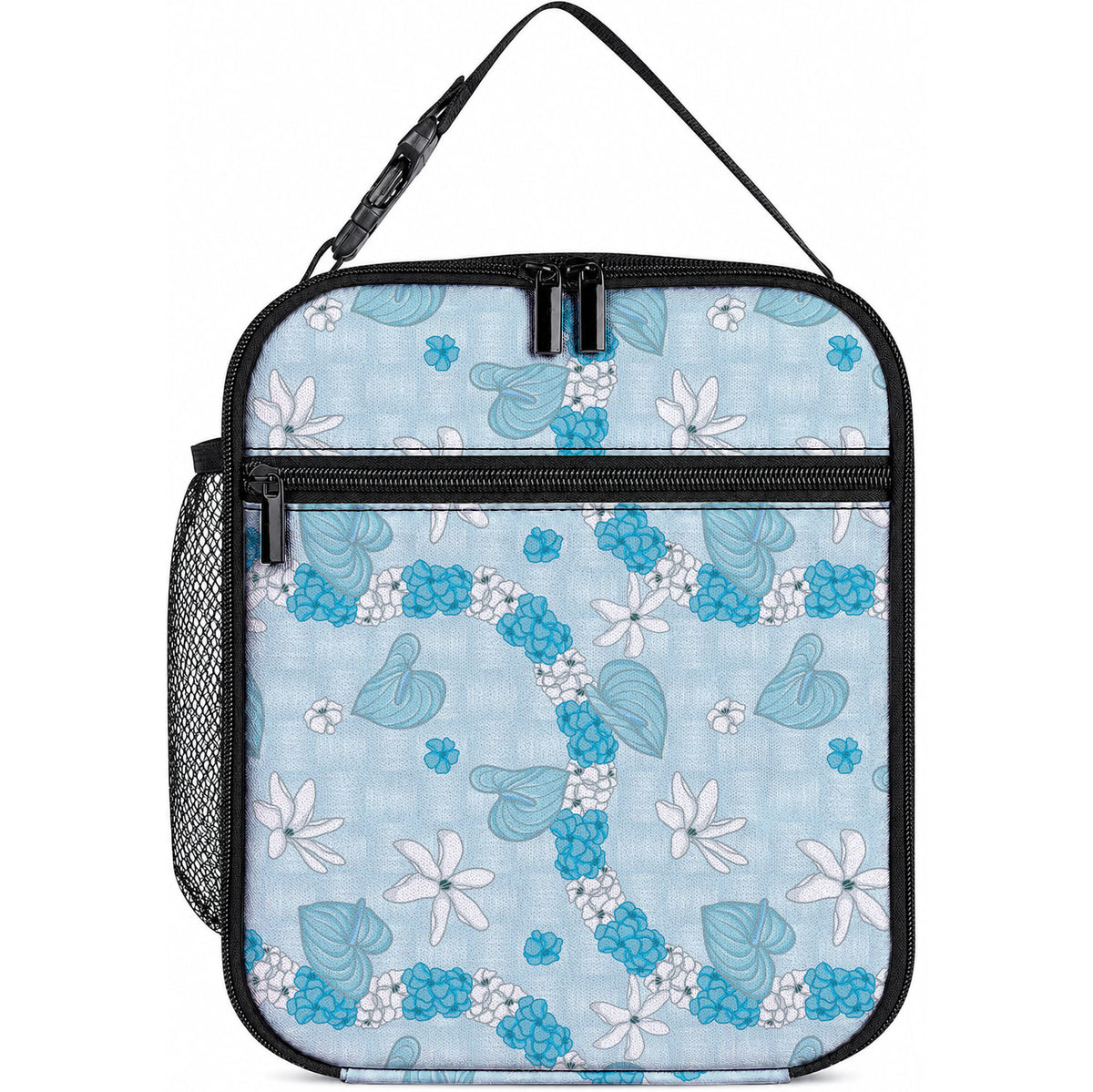 Hawaii Anthurium Tiare Pikake Lei Lunch Bag UliUli Lauhala Art Pattern LT01 10.2 × 8.3 × 4.3 inch Blue - Polynesian Pride