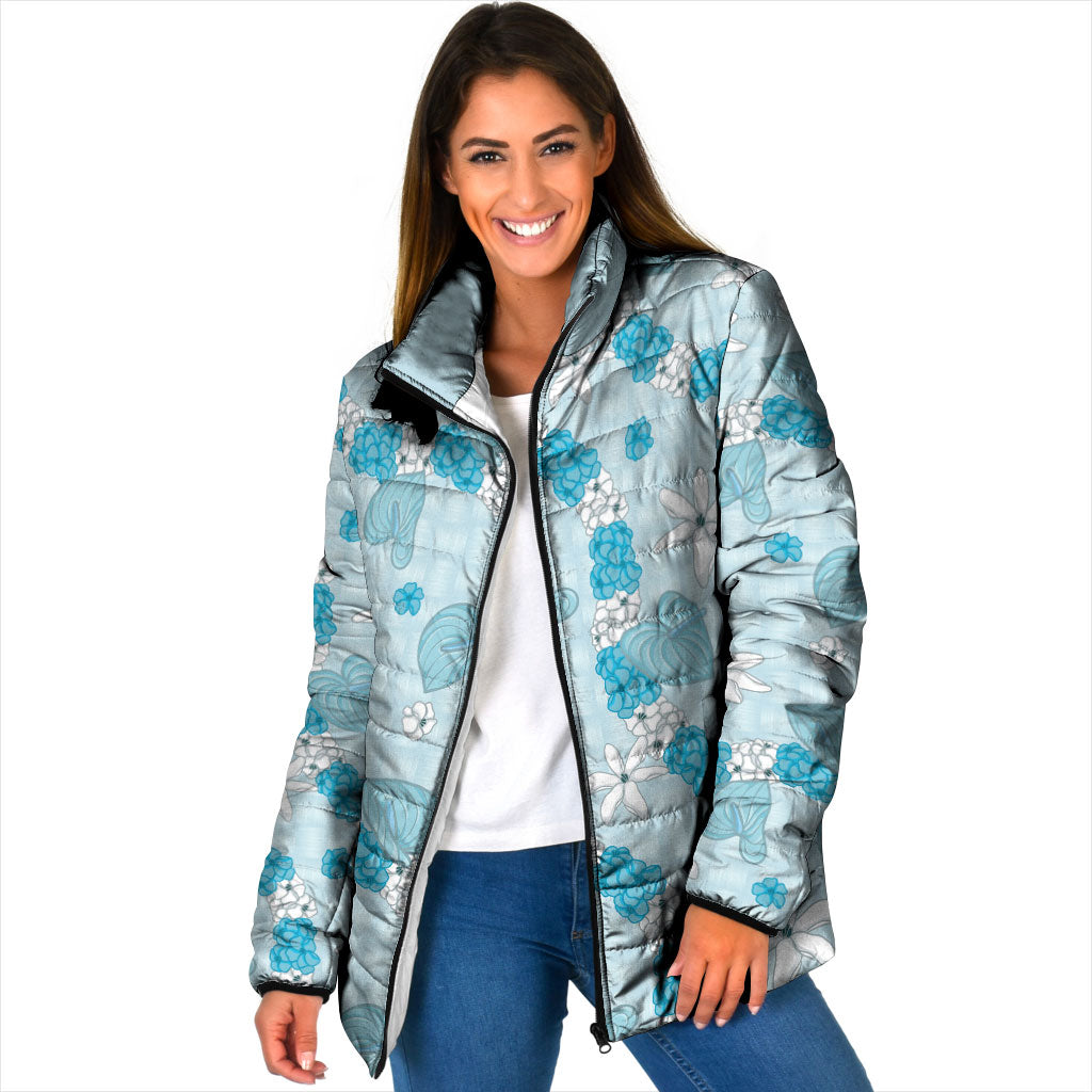 Hawaii Anthurium Tiare Pikake Lei Padded Jacket UliUli Lauhala Art Pattern