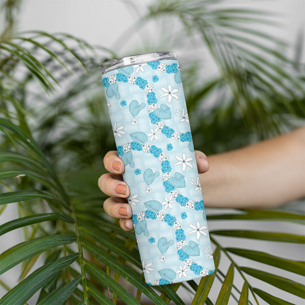 Hawaii Anthurium Tiare Pikake Lei Skinny Tumbler UliUli Lauhala Art Pattern