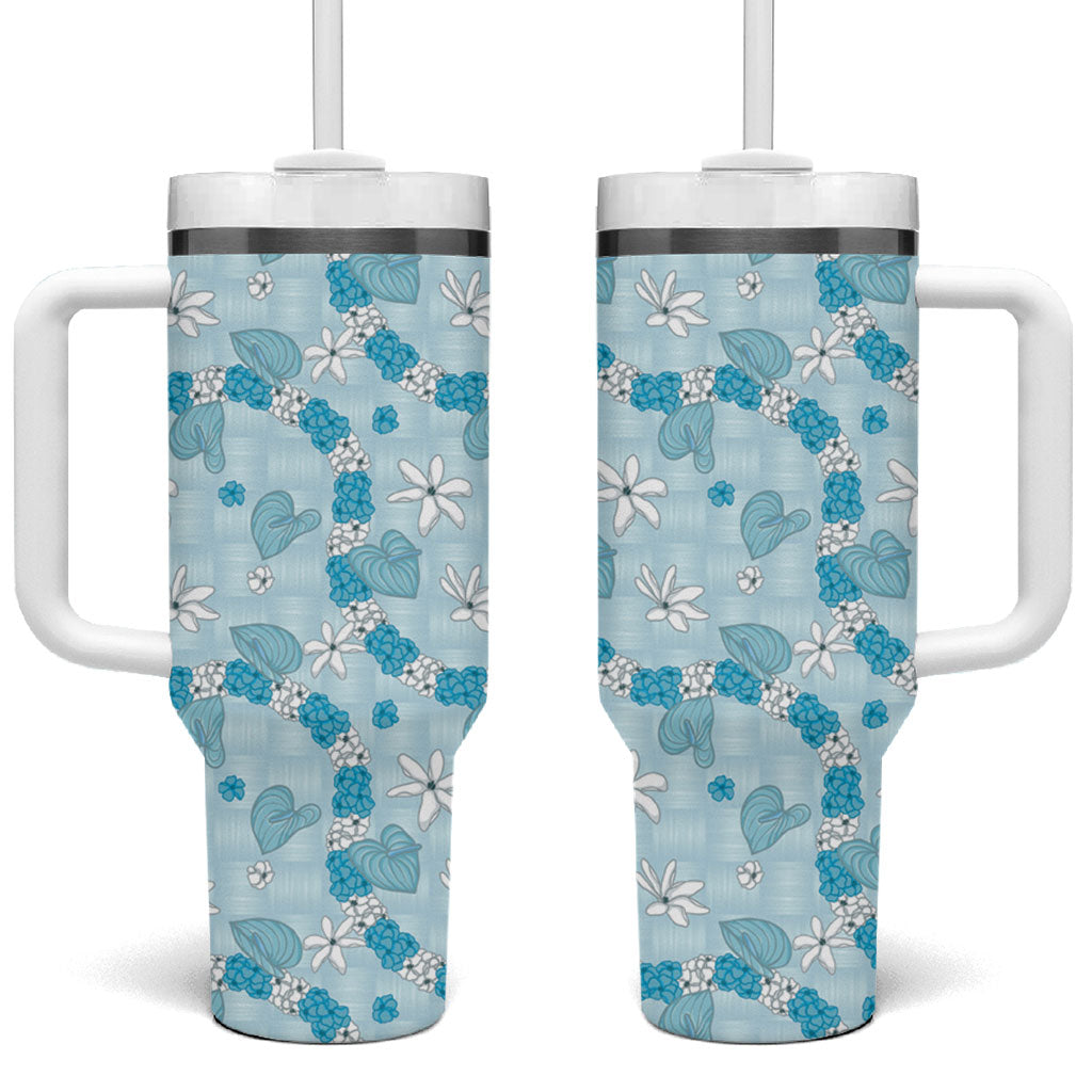Hawaii Anthurium Tiare Pikake Lei Tumbler With Handle UliUli Lauhala Art Pattern