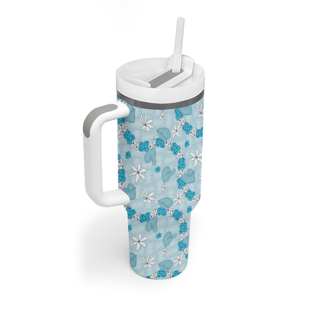 Hawaii Anthurium Tiare Pikake Lei Tumbler With Handle UliUli Lauhala Art Pattern