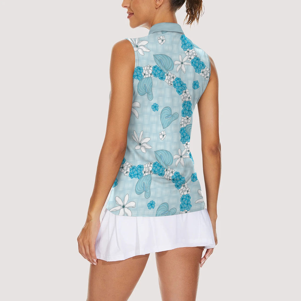 Hawaii Anthurium Tiare Pikake Lei Women Sleeveless Polo Shirt UliUli Lauhala Art Pattern