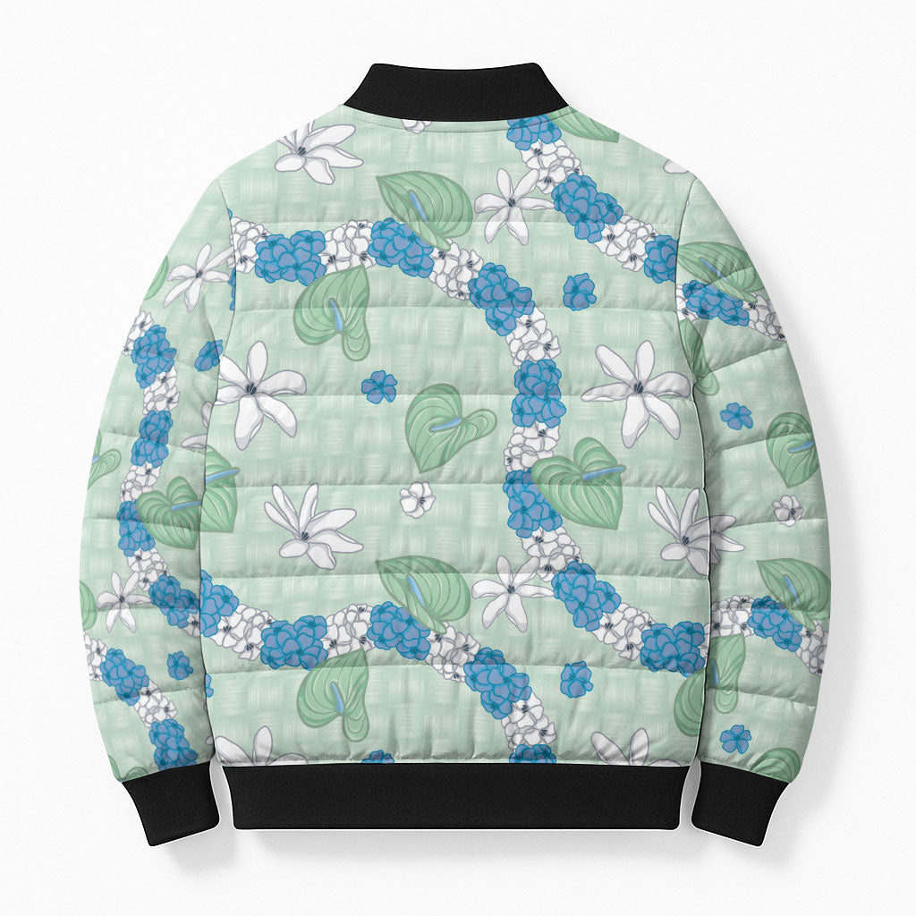 Hawaii Anthurium Tiare Pikake Lei Bomber Puffer Jacket Omaomao Lauhala Art Pattern