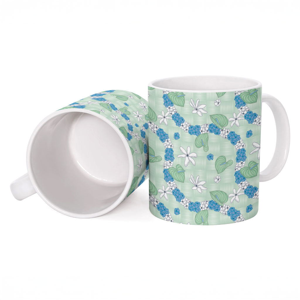 Hawaii Anthurium Tiare Pikake Lei Ceramic Mug Omaomao Lauhala Art Pattern