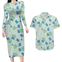 Hawaii Anthurium Tiare Pikake Lei Couples Matching Long Sleeve Bodycon Dress and Hawaiian Shirt Omaomao Lauhala Art Pattern