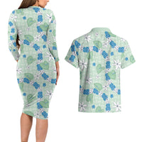 Hawaii Anthurium Tiare Pikake Lei Couples Matching Long Sleeve Bodycon Dress and Hawaiian Shirt Omaomao Lauhala Art Pattern