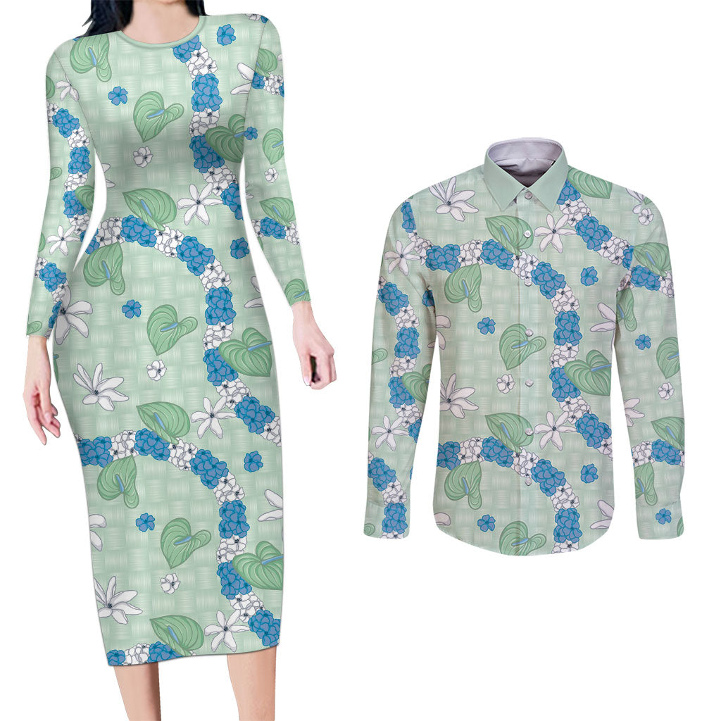 Hawaii Anthurium Tiare Pikake Lei Couples Matching Long Sleeve Bodycon Dress and Long Sleeve Button Shirt Omaomao Lauhala Art Pattern
