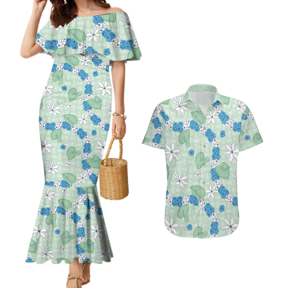 Hawaii Anthurium Tiare Pikake Lei Couples Matching Mermaid Dress and Hawaiian Shirt Omaomao Lauhala Art Pattern