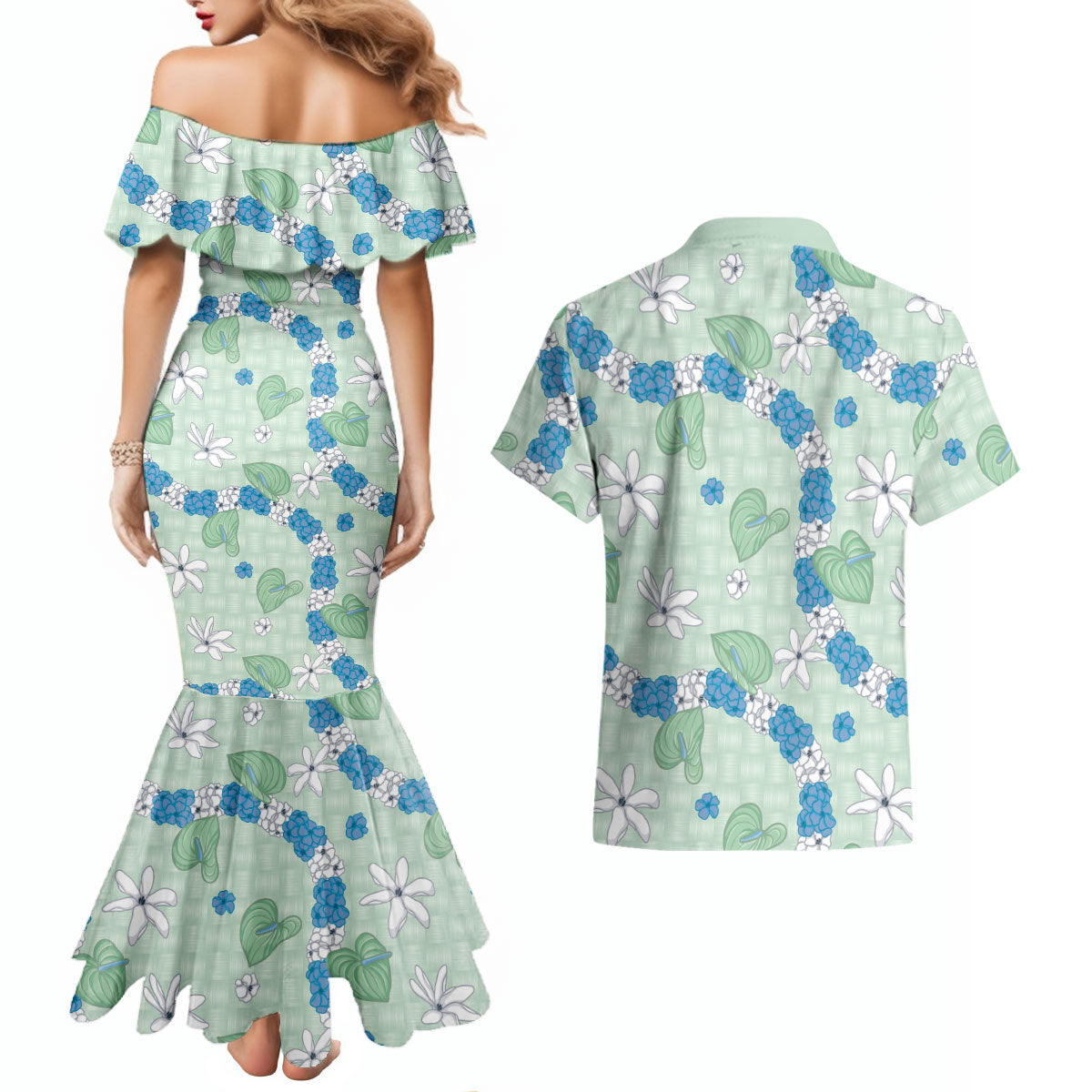Hawaii Anthurium Tiare Pikake Lei Couples Matching Mermaid Dress and Hawaiian Shirt Omaomao Lauhala Art Pattern