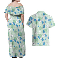 Hawaii Anthurium Tiare Pikake Lei Couples Matching Off Shoulder Maxi Dress and Hawaiian Shirt Omaomao Lauhala Art Pattern