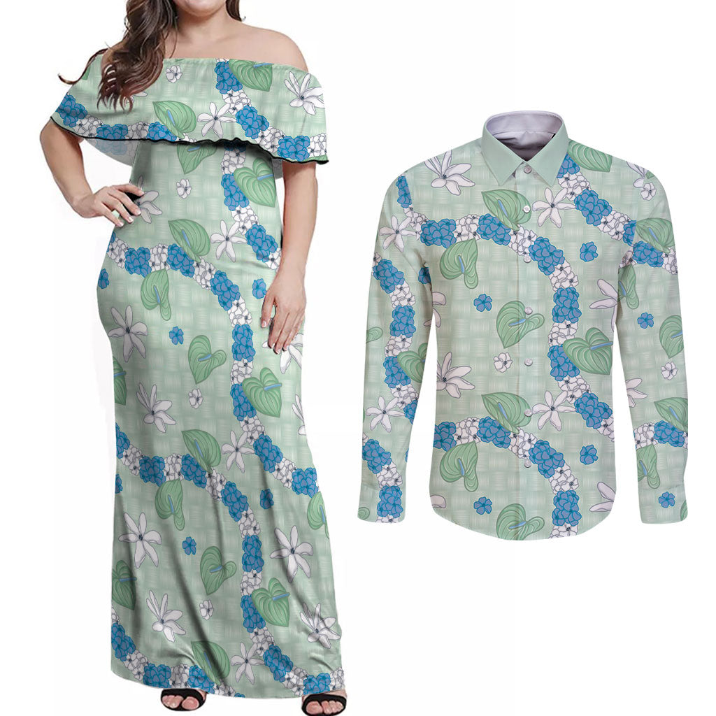 Hawaii Anthurium Tiare Pikake Lei Couples Matching Off Shoulder Maxi Dress and Long Sleeve Button Shirt Omaomao Lauhala Art Pattern