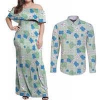 Hawaii Anthurium Tiare Pikake Lei Couples Matching Off Shoulder Maxi Dress and Long Sleeve Button Shirt Omaomao Lauhala Art Pattern