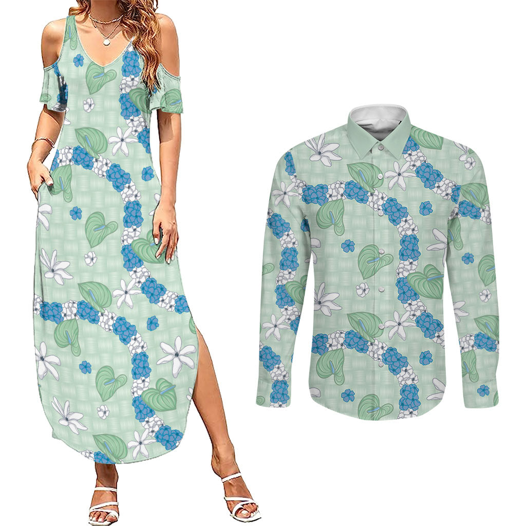 Hawaii Anthurium Tiare Pikake Lei Couples Matching Summer Maxi Dress and Long Sleeve Button Shirt Omaomao Lauhala Art Pattern