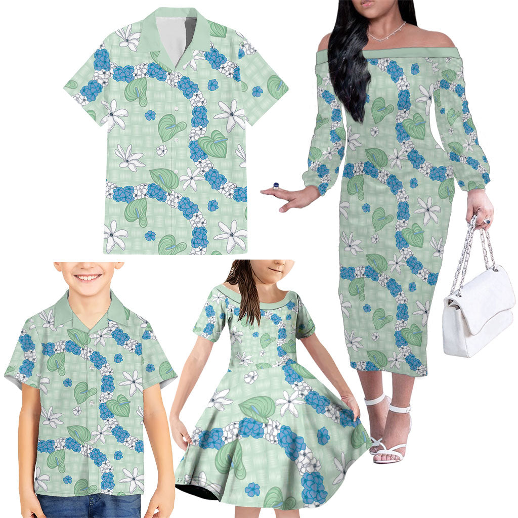 Hawaii Anthurium Tiare Pikake Lei Family Matching Off The Shoulder Long Sleeve Dress and Hawaiian Shirt Omaomao Lauhala Art Pattern LT01 - Polynesian Pride