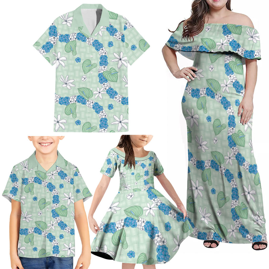 Hawaii Anthurium Tiare Pikake Lei Family Matching Off Shoulder Maxi Dress and Hawaiian Shirt Omaomao Lauhala Art Pattern LT01 - Polynesian Pride