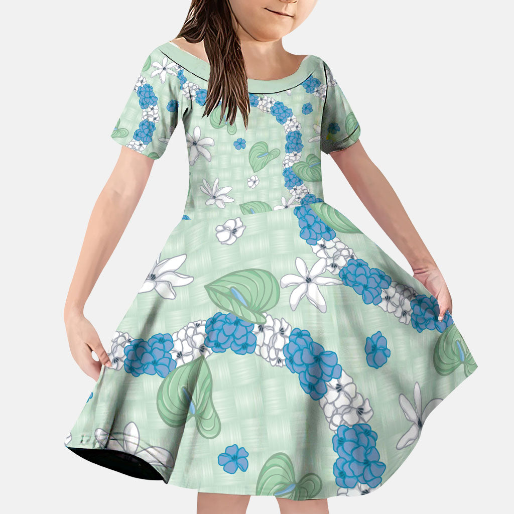 Hawaii Anthurium Tiare Pikake Lei Family Matching Off Shoulder Short Dress and Hawaiian Shirt Omaomao Lauhala Art Pattern LT01 Daughter's Dress Green - Polynesian Pride