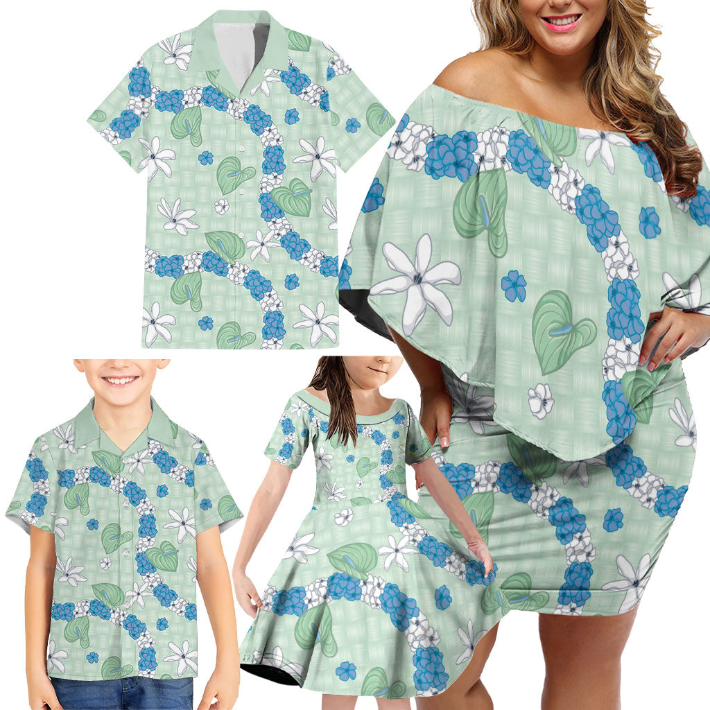 Hawaii Anthurium Tiare Pikake Lei Family Matching Off Shoulder Short Dress and Hawaiian Shirt Omaomao Lauhala Art Pattern LT01 - Polynesian Pride