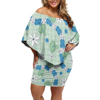 Hawaii Anthurium Tiare Pikake Lei Family Matching Off Shoulder Short Dress and Hawaiian Shirt Omaomao Lauhala Art Pattern LT01 Mom's Dress Green - Polynesian Pride