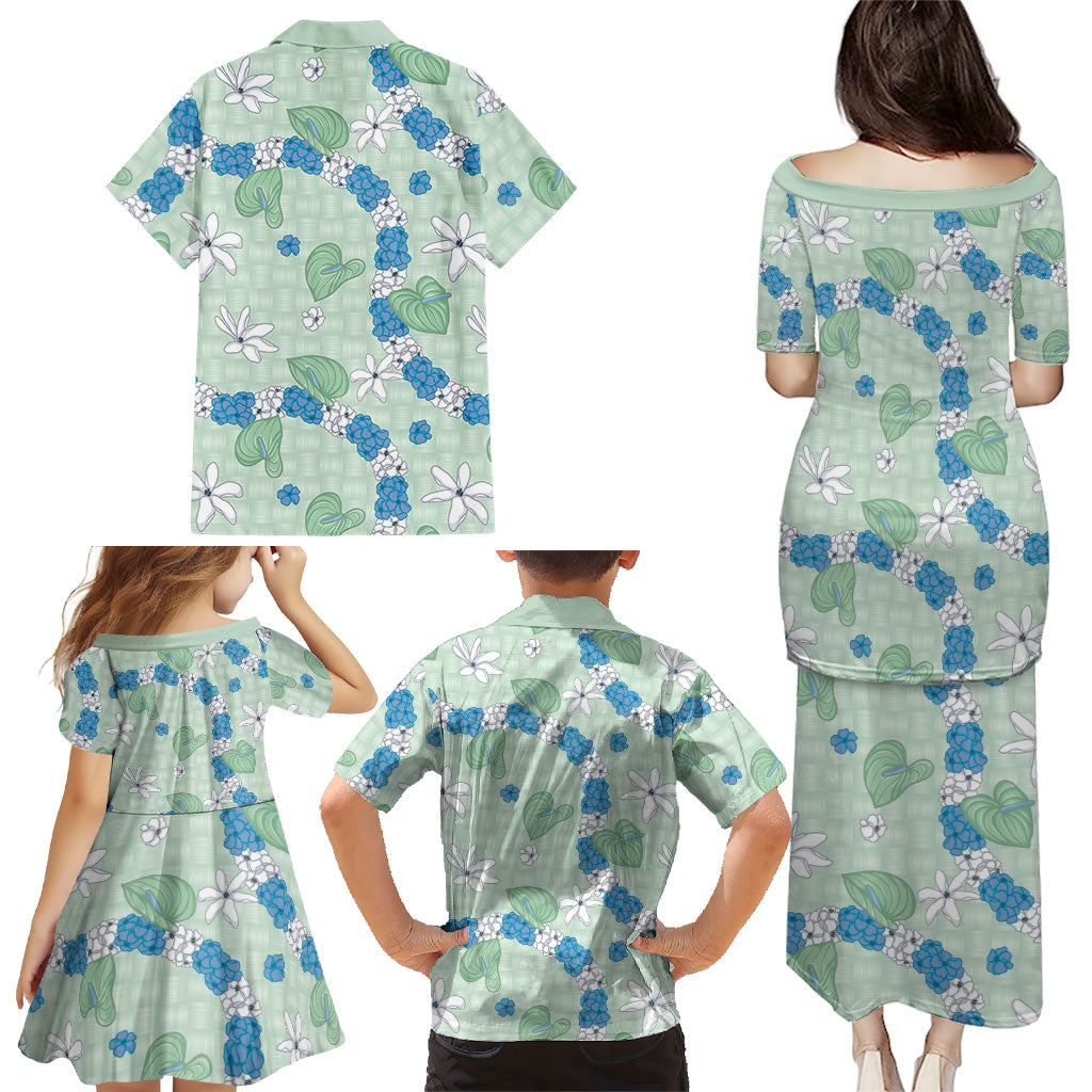 Hawaii Anthurium Tiare Pikake Lei Family Matching Puletasi and Hawaiian Shirt Omaomao Lauhala Art Pattern