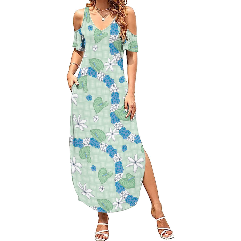 Hawaii Anthurium Tiare Pikake Lei Family Matching Summer Maxi Dress and Hawaiian Shirt Omaomao Lauhala Art Pattern LT01 Mom's Dress Green - Polynesian Pride