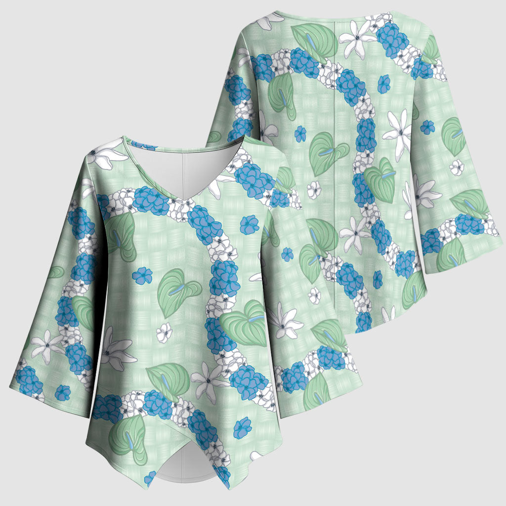 Hawaii Anthurium Tiare Pikake Lei Kimono Sleeve Blouse Omaomao Lauhala Art Pattern