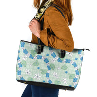 Hawaii Anthurium Tiare Pikake Lei Leather Tote Bag Omaomao Lauhala Art Pattern
