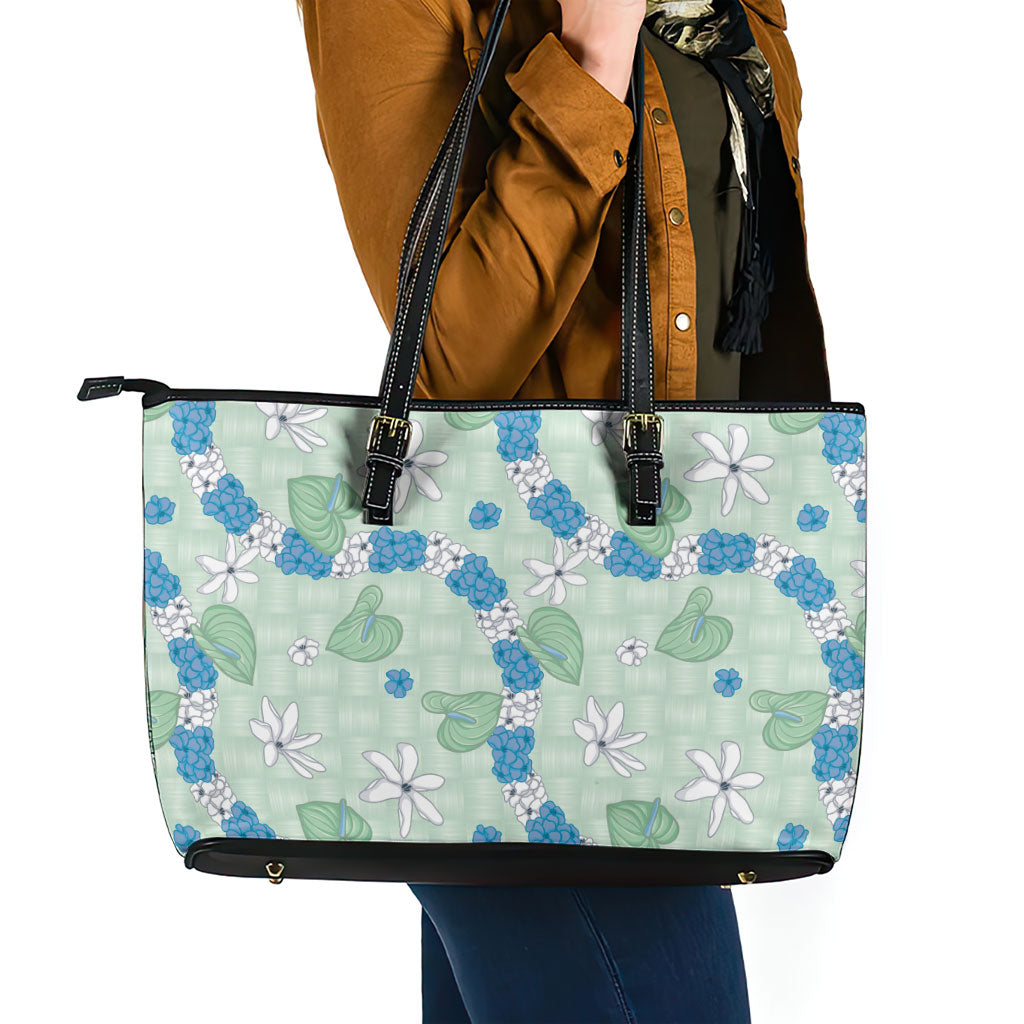 Hawaii Anthurium Tiare Pikake Lei Leather Tote Bag Omaomao Lauhala Art Pattern