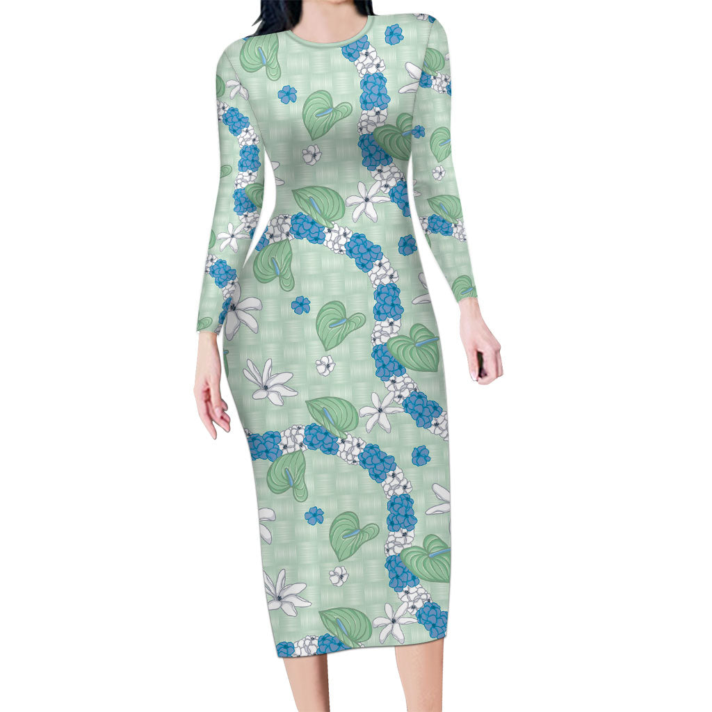 Hawaii Anthurium Tiare Pikake Lei Long Sleeve Bodycon Dress Omaomao Lauhala Art Pattern