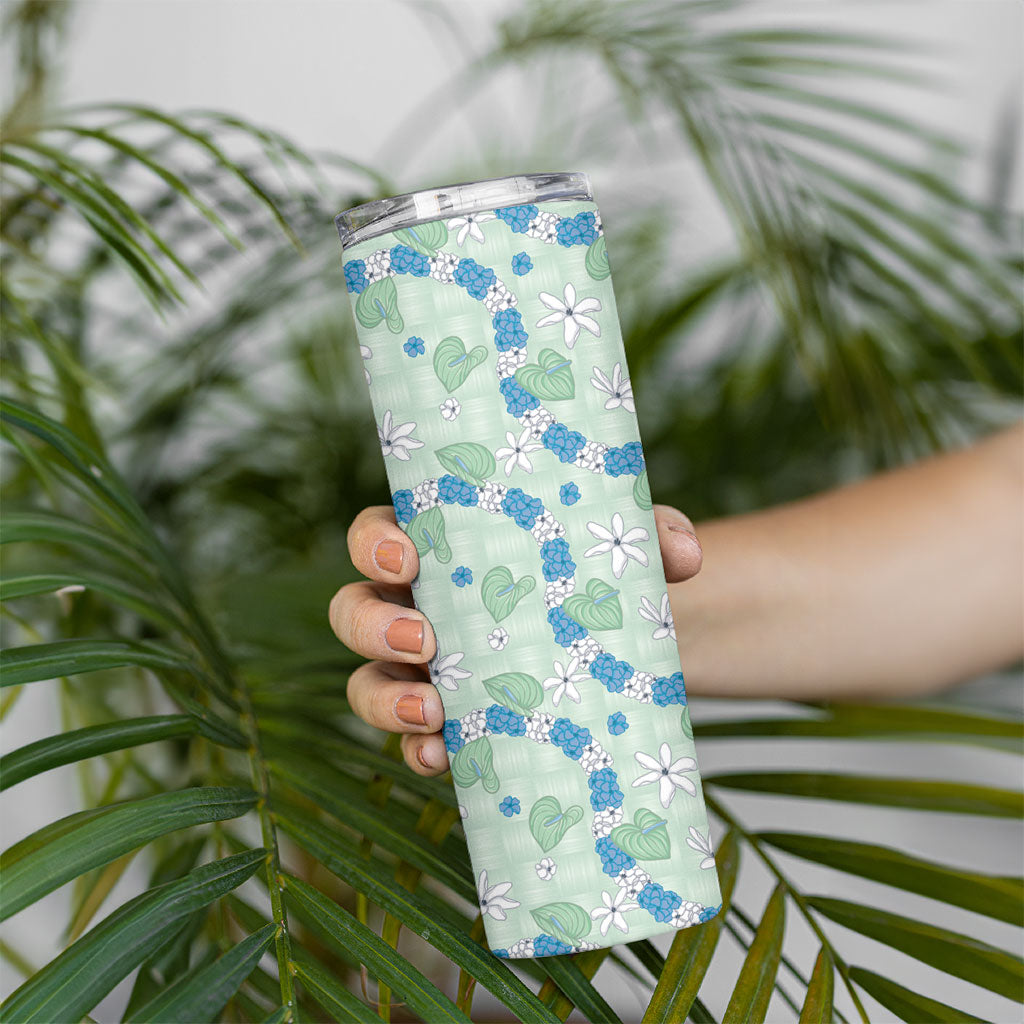 Hawaii Anthurium Tiare Pikake Lei Skinny Tumbler Omaomao Lauhala Art Pattern