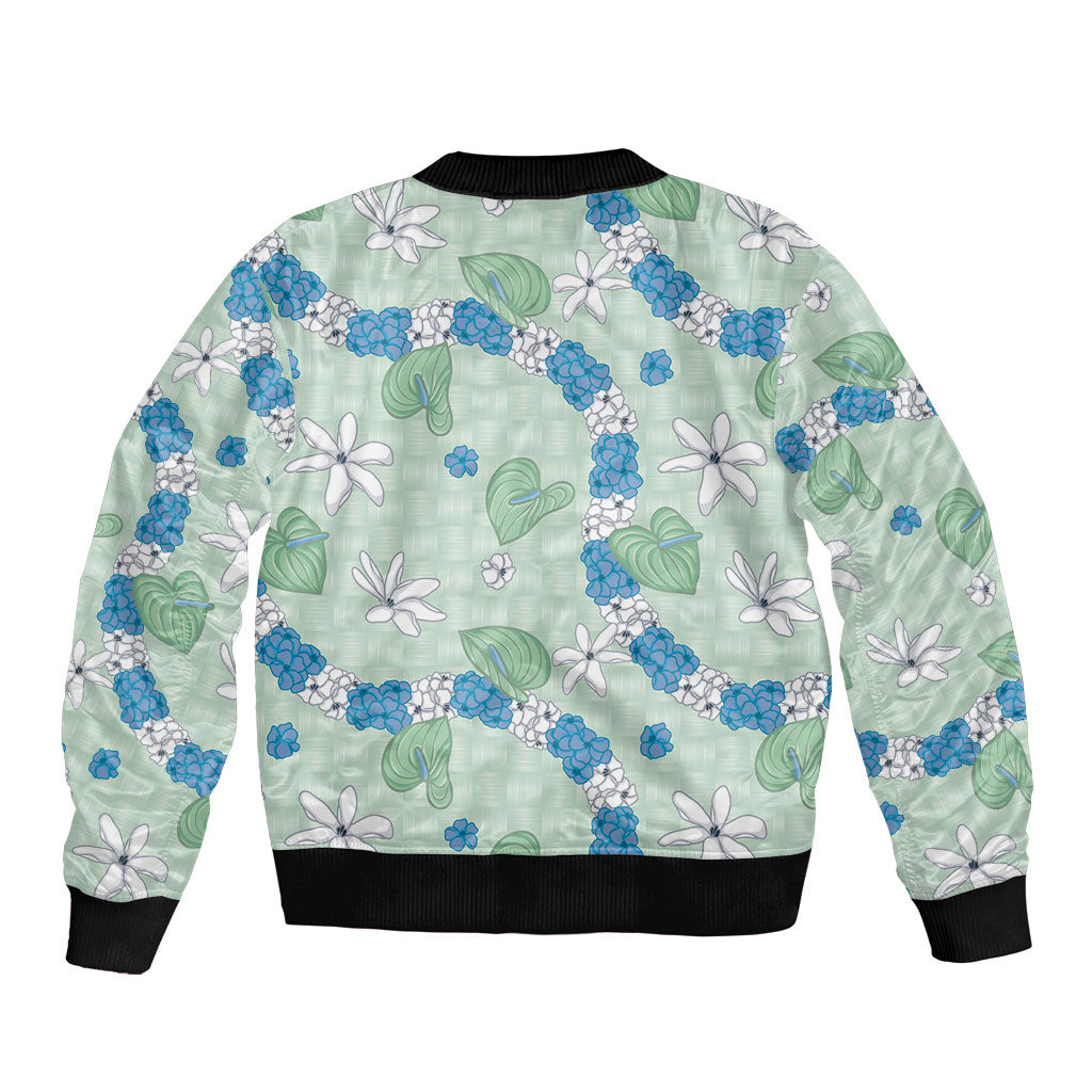 Hawaii Anthurium Tiare Pikake Lei Sleeve Zip Bomber Jacket Omaomao Lauhala Art Pattern
