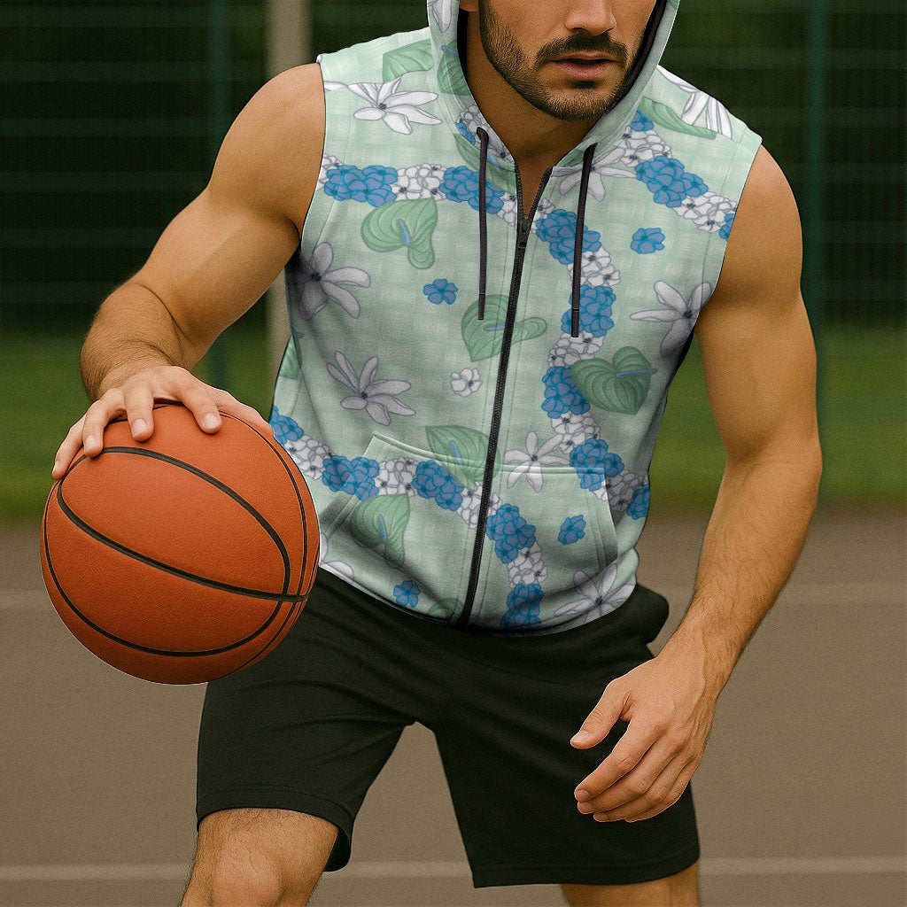 Hawaii Anthurium Tiare Pikake Lei Sleeveless Zip Hoodie Omaomao Lauhala Art Pattern