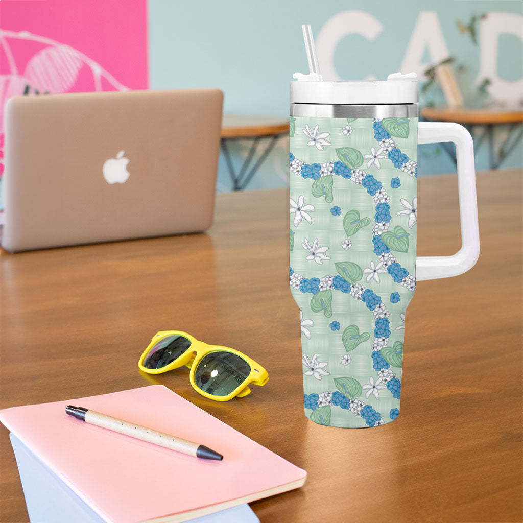 Hawaii Anthurium Tiare Pikake Lei Tumbler With Handle Omaomao Lauhala Art Pattern