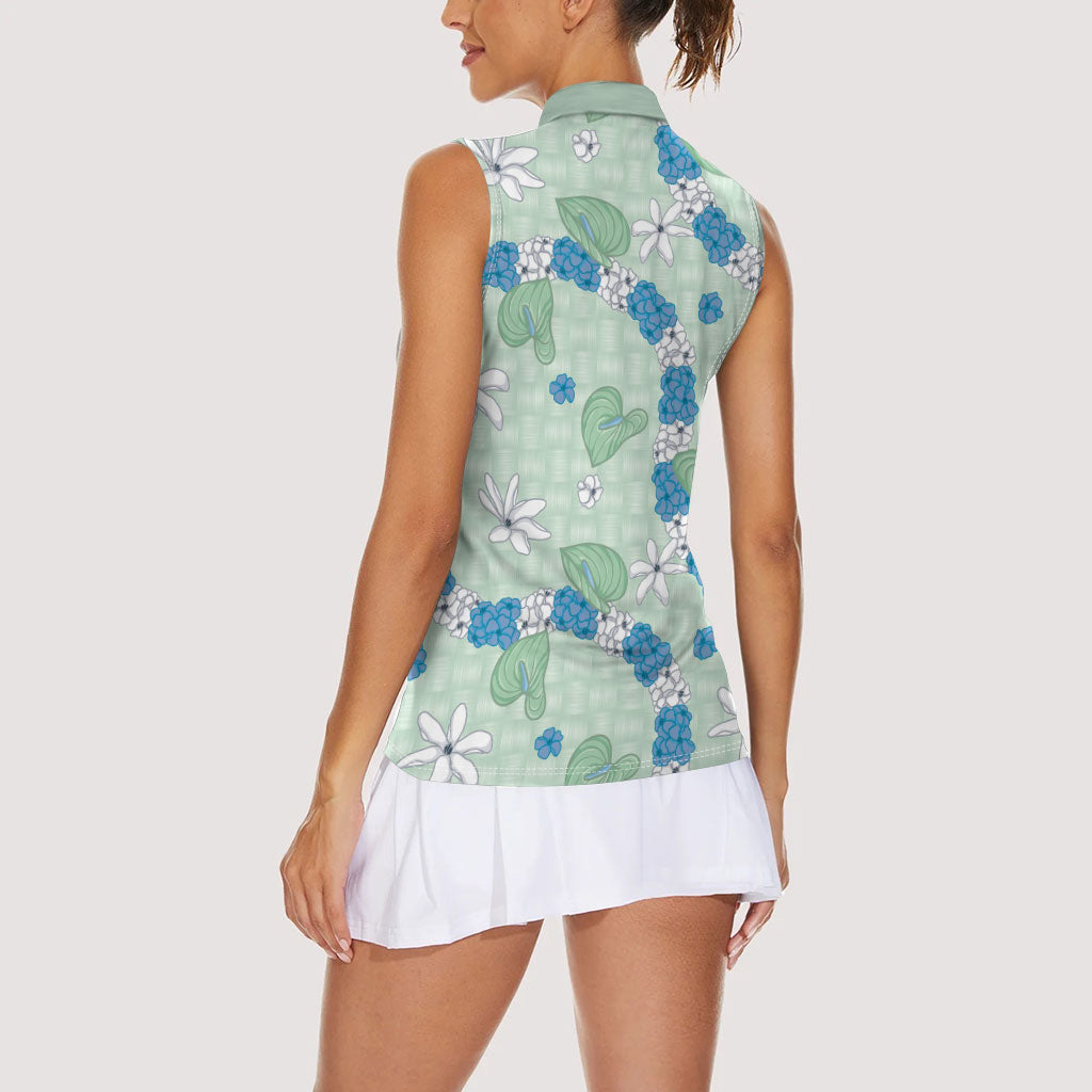 Hawaii Anthurium Tiare Pikake Lei Women Sleeveless Polo Shirt Omaomao Lauhala Art Pattern
