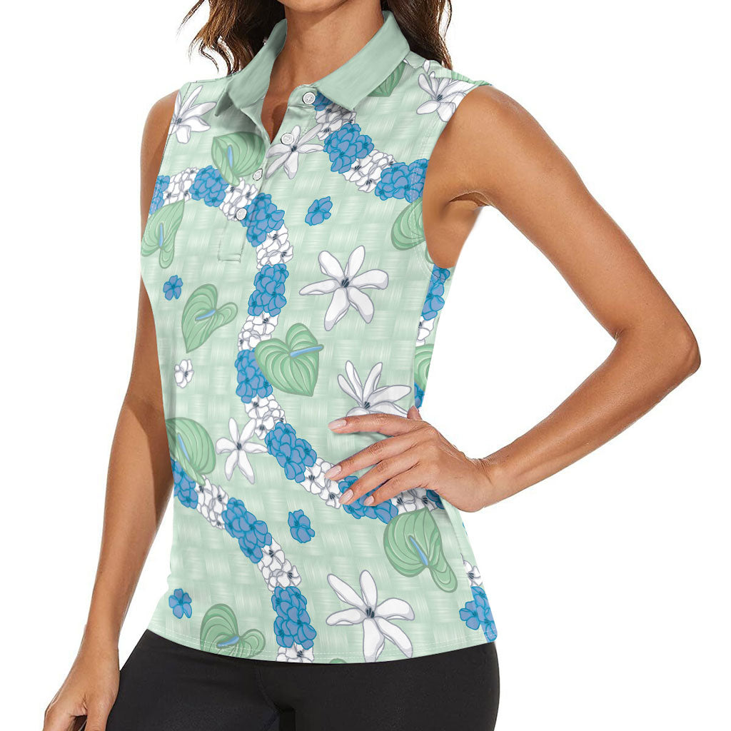Hawaii Anthurium Tiare Pikake Lei Women Sleeveless Polo Shirt Omaomao Lauhala Art Pattern