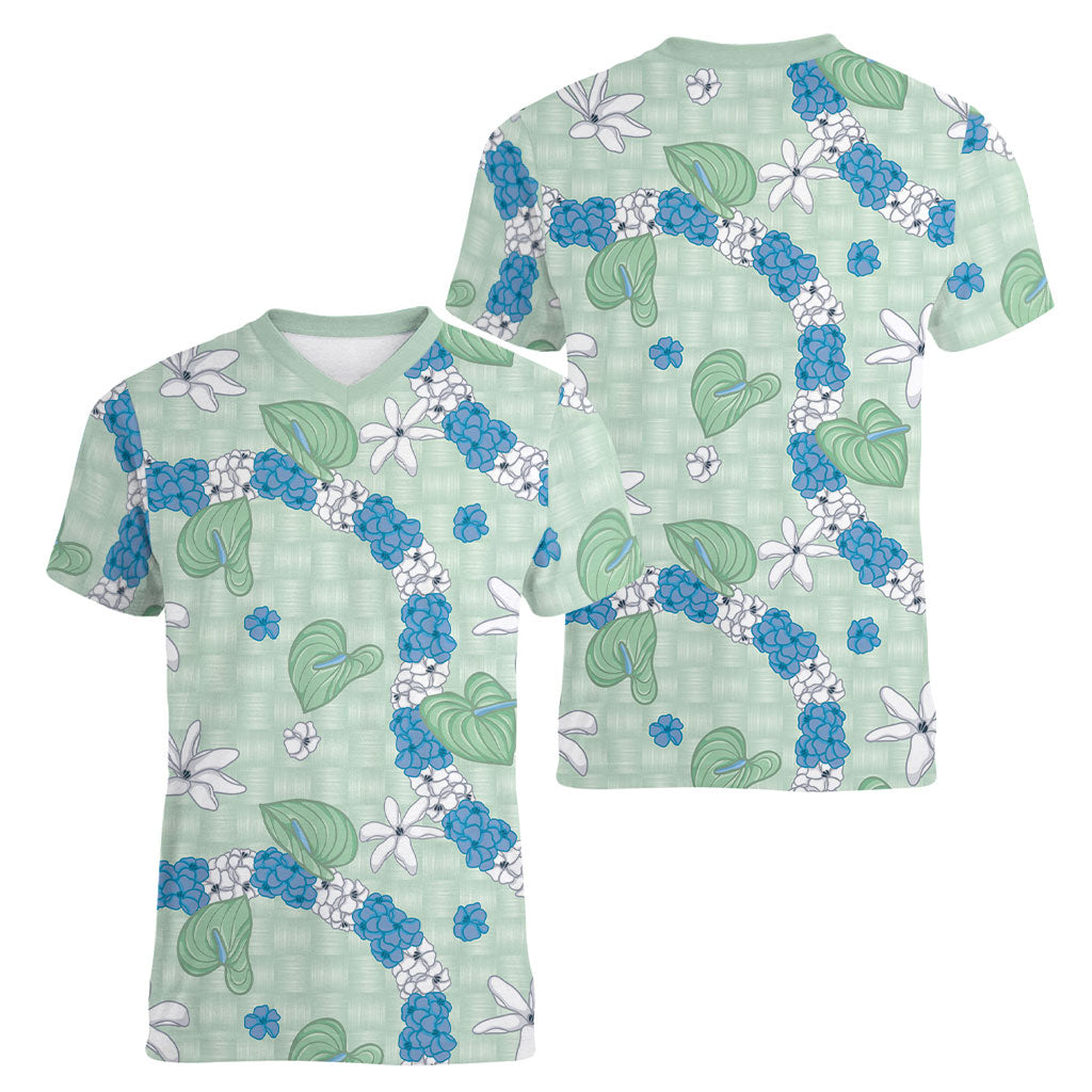 Hawaii Anthurium Tiare Pikake Lei Women V-Neck T-Shirt Omaomao Lauhala Art Pattern