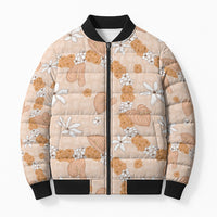 Hawaii Anthurium Tiare Pikake Lei Bomber Puffer Jacket Alani Lauhala Art Pattern