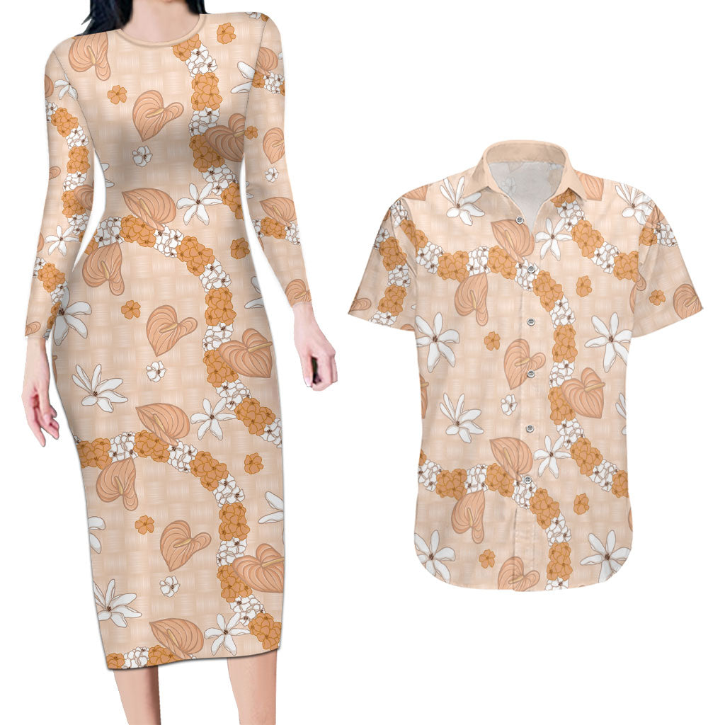 Hawaii Anthurium Tiare Pikake Lei Couples Matching Long Sleeve Bodycon Dress and Hawaiian Shirt Alani Lauhala Art Pattern