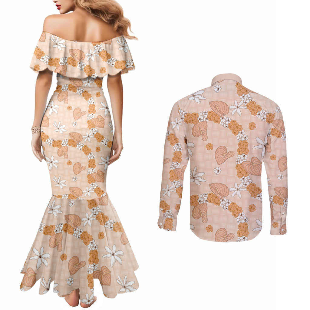 Hawaii Anthurium Tiare Pikake Lei Couples Matching Mermaid Dress and Long Sleeve Button Shirt Alani Lauhala Art Pattern