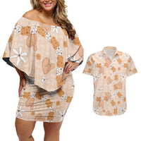Hawaii Anthurium Tiare Pikake Lei Couples Matching Off Shoulder Short Dress and Hawaiian Shirt Alani Lauhala Art Pattern