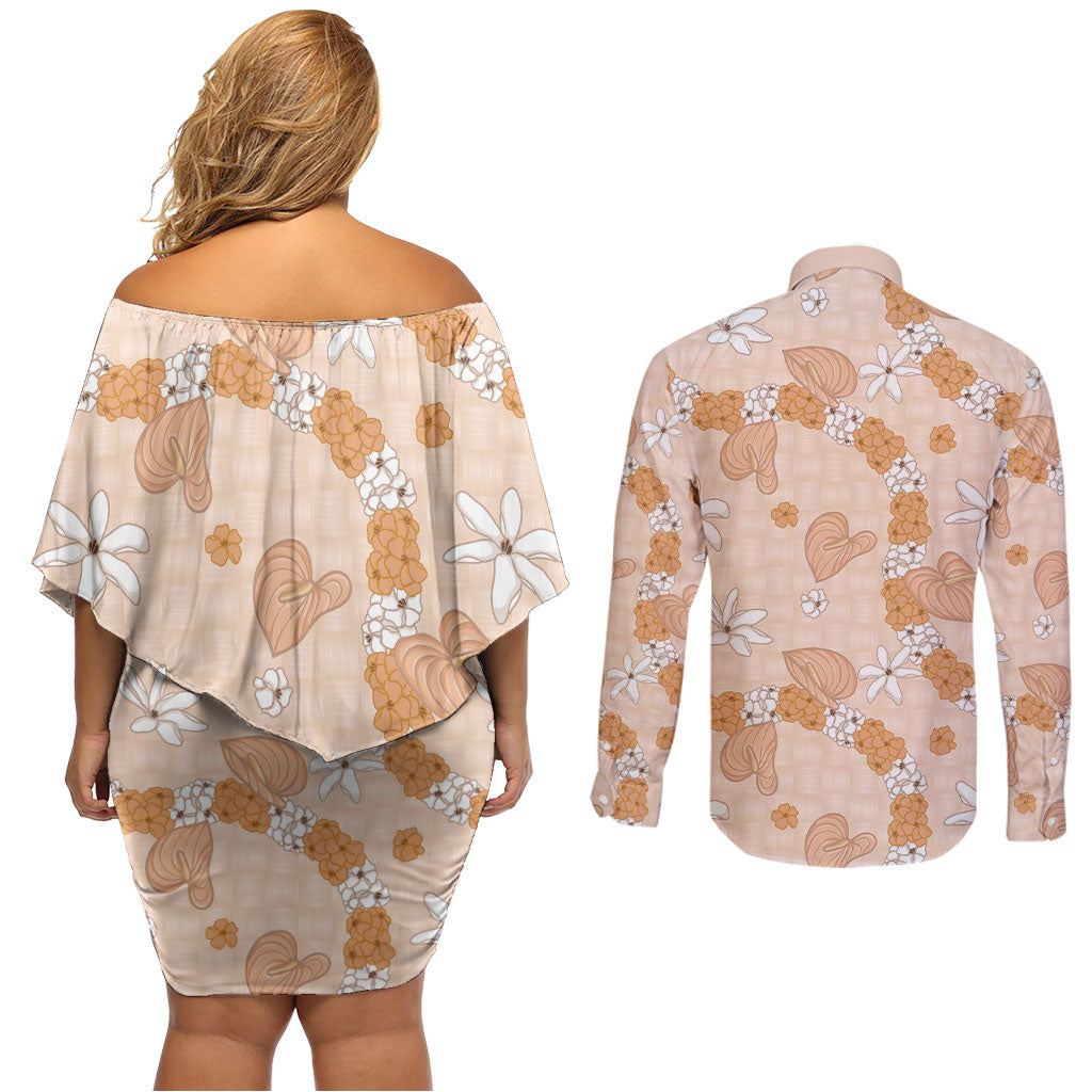 Hawaii Anthurium Tiare Pikake Lei Couples Matching Off Shoulder Short Dress and Long Sleeve Button Shirt Alani Lauhala Art Pattern