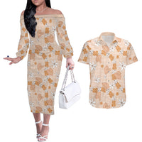 Hawaii Anthurium Tiare Pikake Lei Couples Matching Off The Shoulder Long Sleeve Dress and Hawaiian Shirt Alani Lauhala Art Pattern
