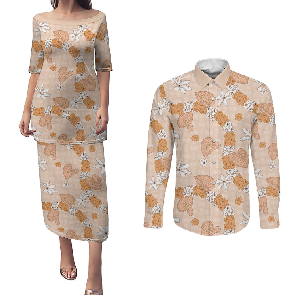 Hawaii Anthurium Tiare Pikake Lei Couples Matching Puletasi and Long Sleeve Button Shirt Alani Lauhala Art Pattern