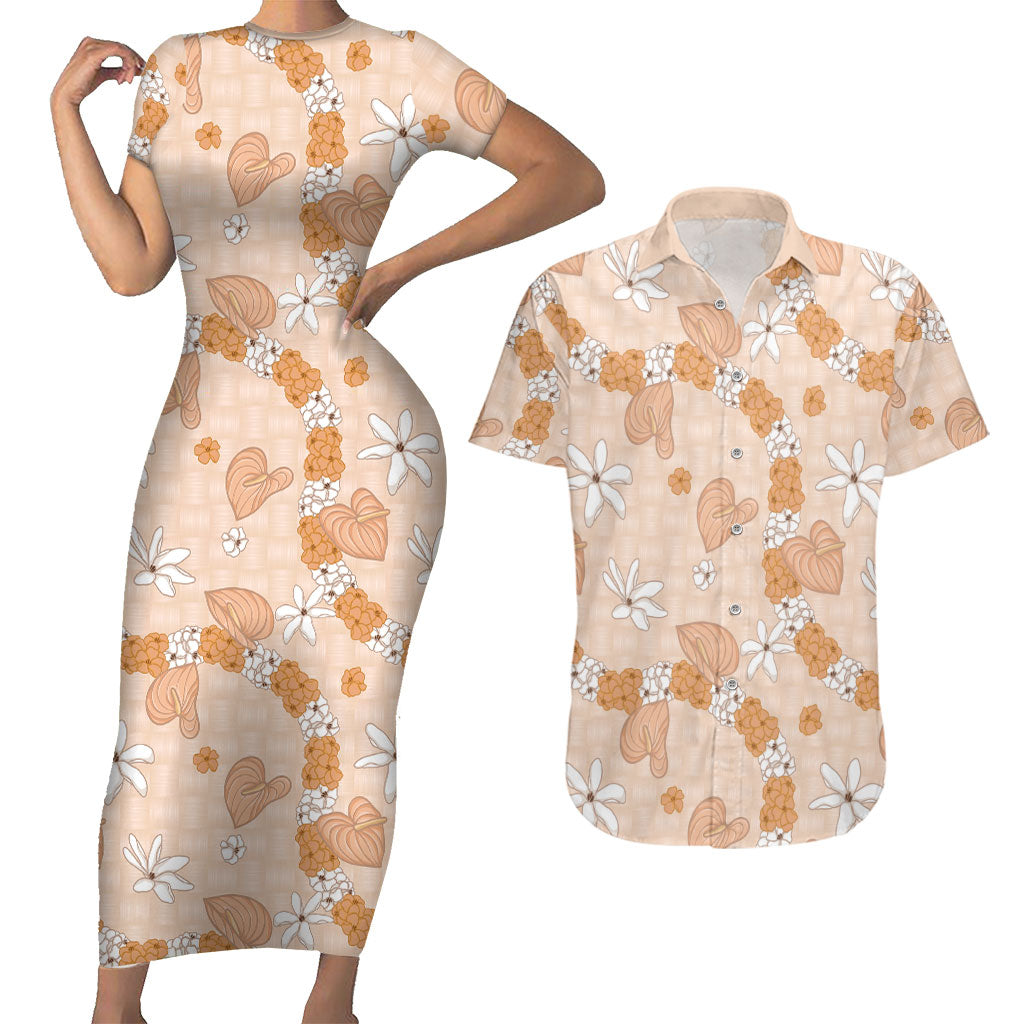 Hawaii Anthurium Tiare Pikake Lei Couples Matching Short Sleeve Bodycon Dress and Hawaiian Shirt Alani Lauhala Art Pattern