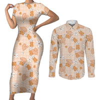 Hawaii Anthurium Tiare Pikake Lei Couples Matching Short Sleeve Bodycon Dress and Long Sleeve Button Shirt Alani Lauhala Art Pattern